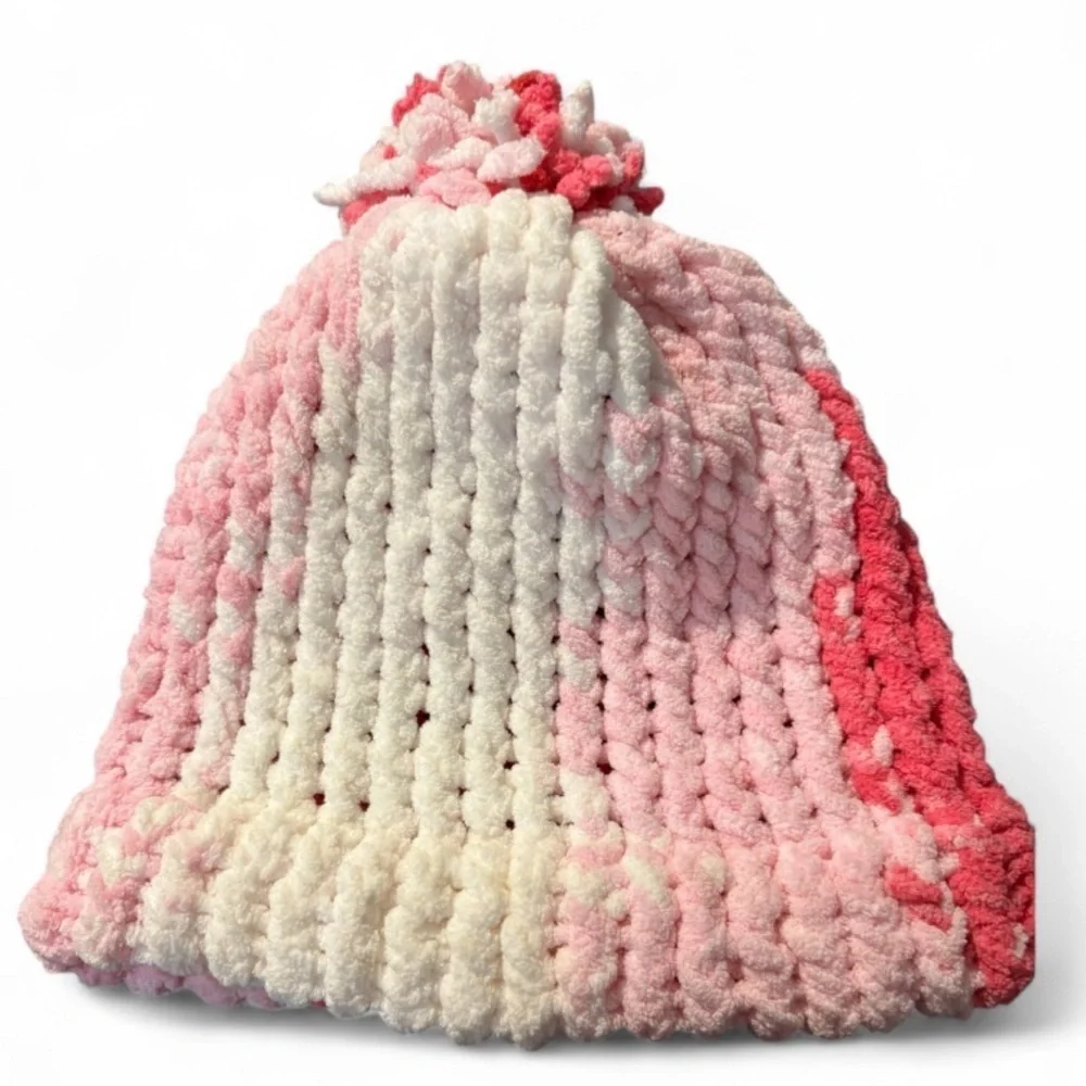 Handmade Pink & White Chunky Knit Winter Hat. Bundle and Save. SKU1
